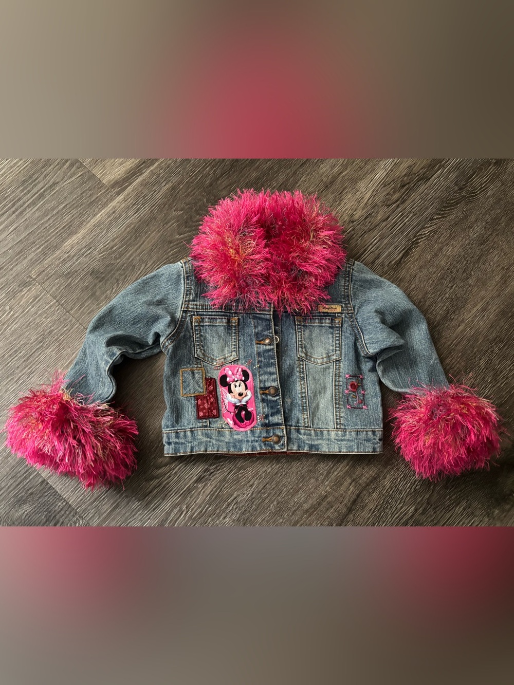 Signature Kids Denim Jacket with Hot Pink Faux-Fur Trim and Minnie Patch
